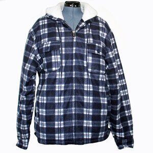 Heavy Thick Flannel Blue Plaid Jacket Sherpa Fleece Lined Hoodie Men's Large